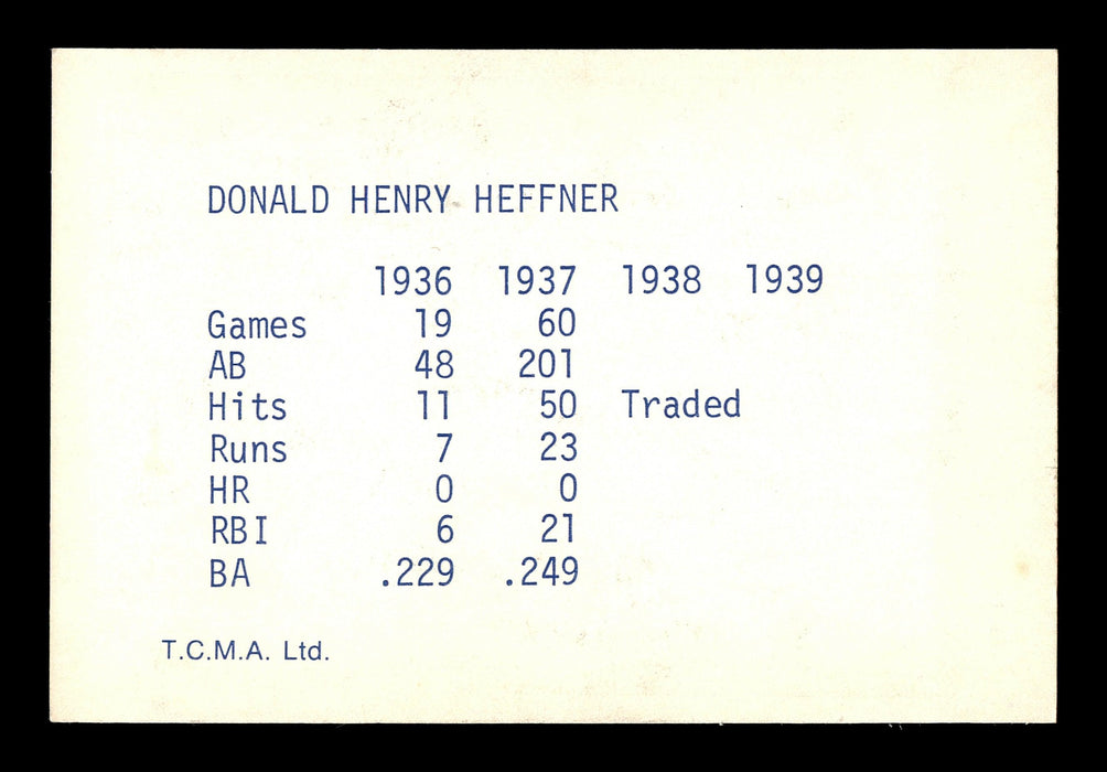 Don Heffner Autographed 1974 TCMA 1936-39 Yankee Dynasty Card New York Yankees SKU #179805 - RSA