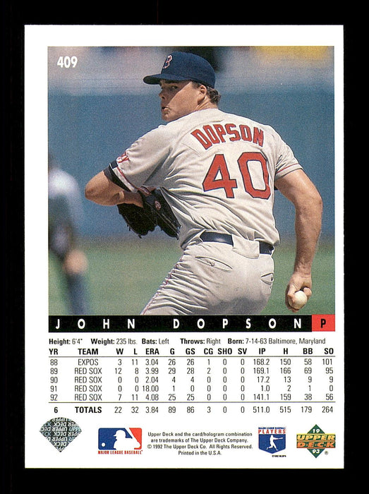 John Dopson Autographed 1993 Upper Deck Card #409 Boston Red Sox SKU #184296 - RSA