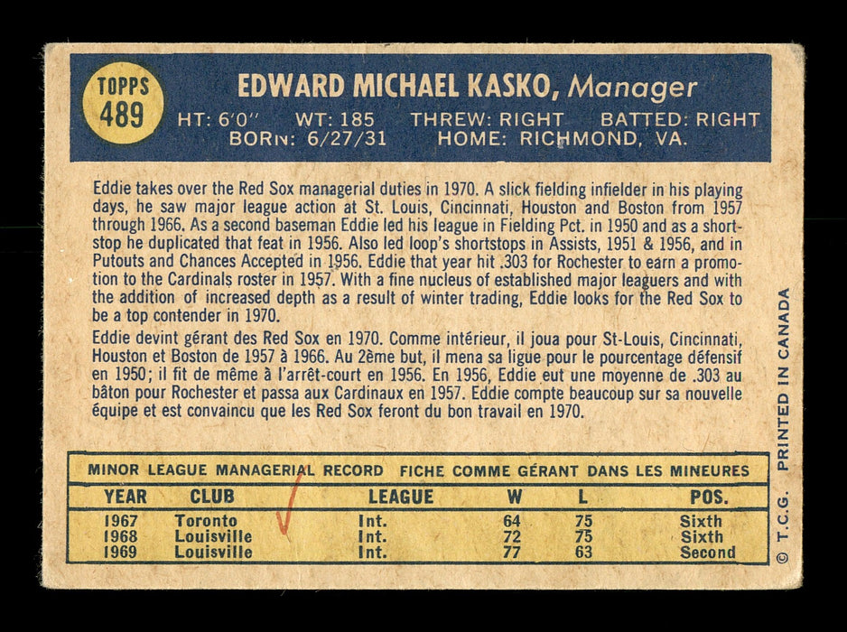 Eddie Kasko Autographed 1970 O-Pee-Chee Card #489 Boston Red Sox SKU #169120 - RSA