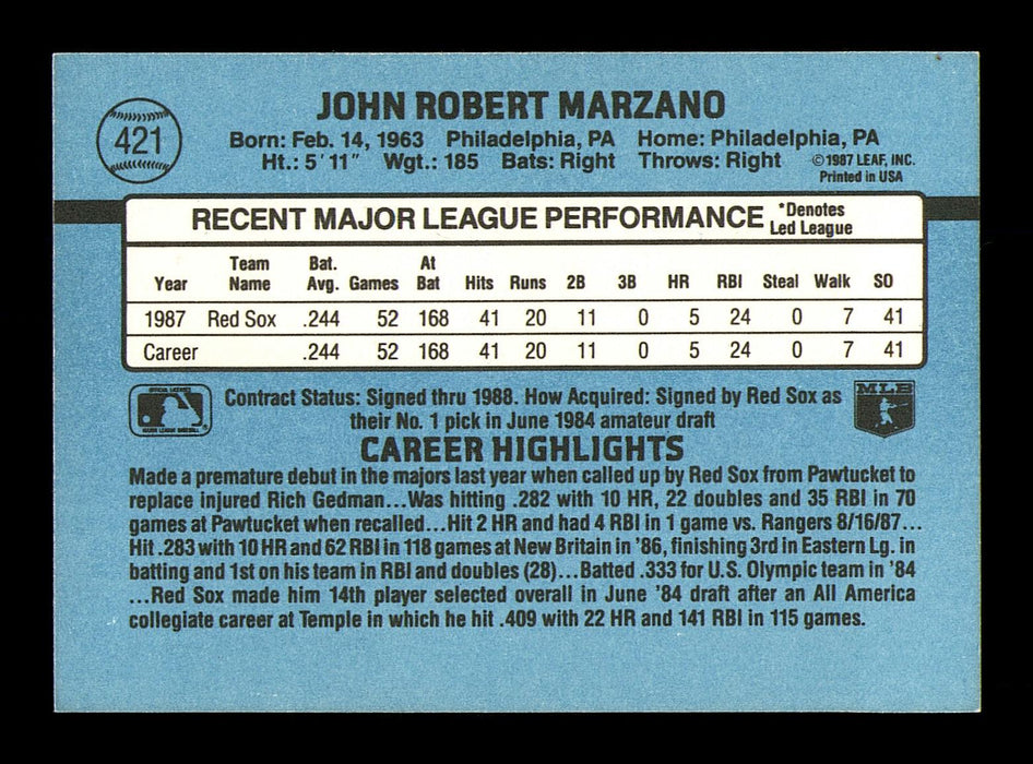 John Marzano Autographed 1988 Donruss Card #421 Boston Red Sox SKU #184393 - RSA