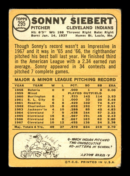 Sonny Siebert Autographed 1968 Topps Card #295 Cleveland Indians SKU #167972 - RSA