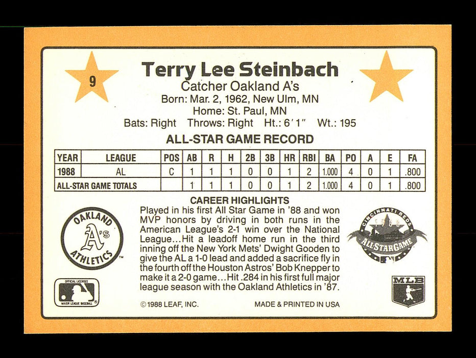 Terry Steinbach Autographed 1989 Donruss Card #9 Oakland A's SKU #184415 - RSA