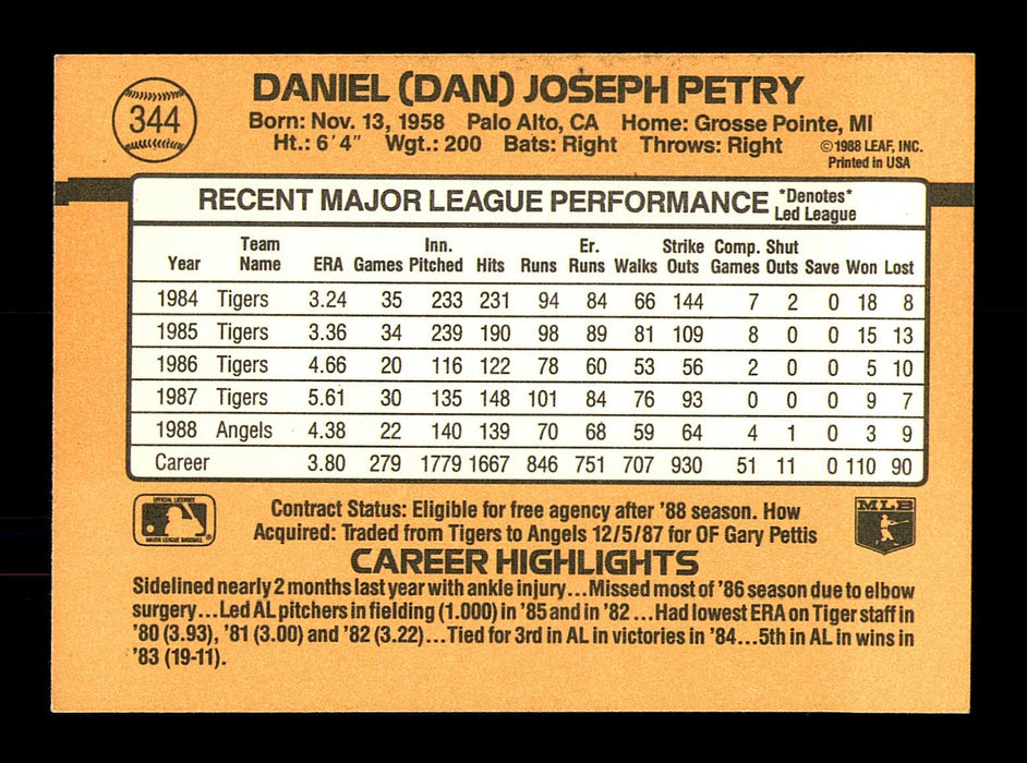 Dan Petry Autographed 1989 Donruss Card #344 California Angels SKU #184421 - RSA