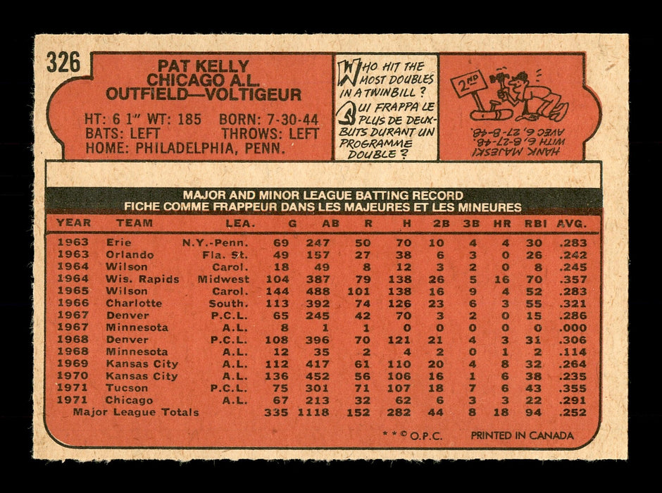 Pat Kelly Autographed 1972 O-Pee-Chee Card #326 Chicago White Sox SKU #169163 - RSA