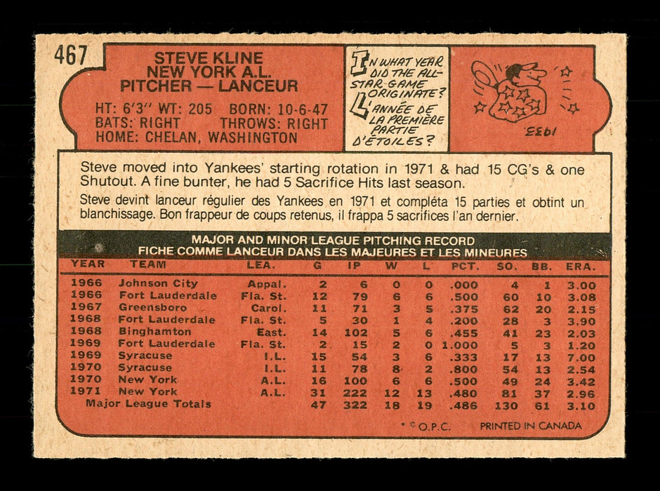 Steve Kline Autographed 1972 O-Pee-Chee Card #467 New York Yankees SKU #169198 - RSA