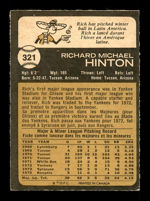 Rich Hinton Autographed 1973 O-Pee-Chee Card #321 Texas Rangers SKU #169254 - RSA