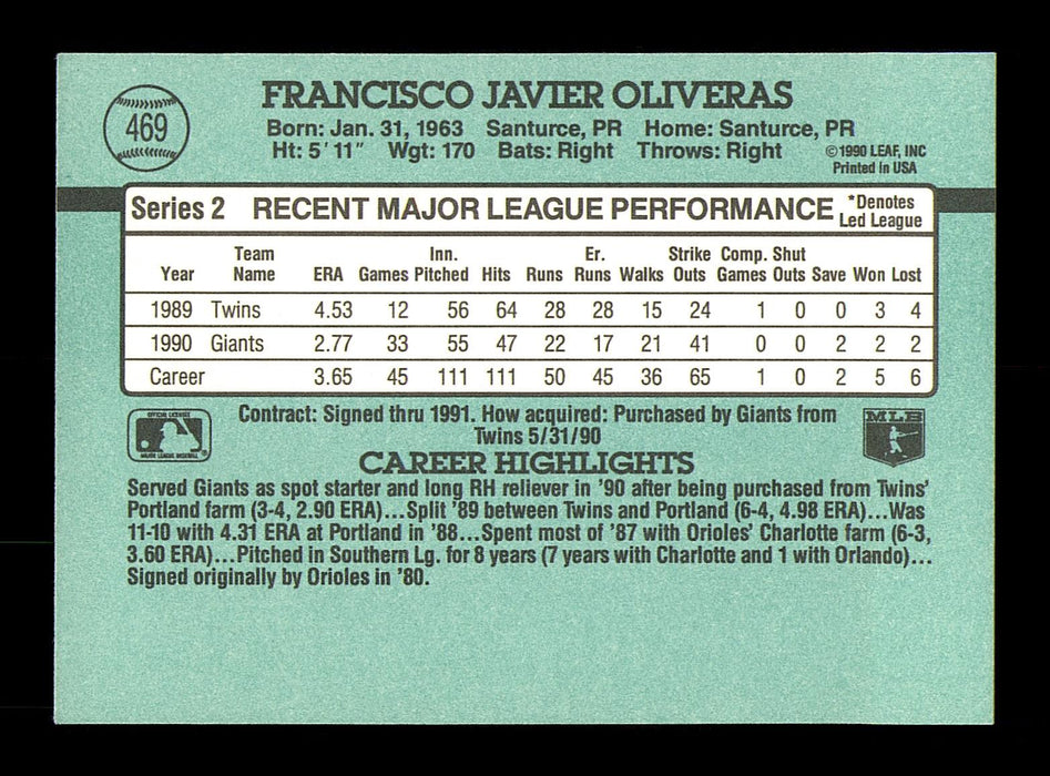 Francisco Oliveras Autographed 1991 Donruss Card #469 San Francisco Giants SKU #184522 - RSA
