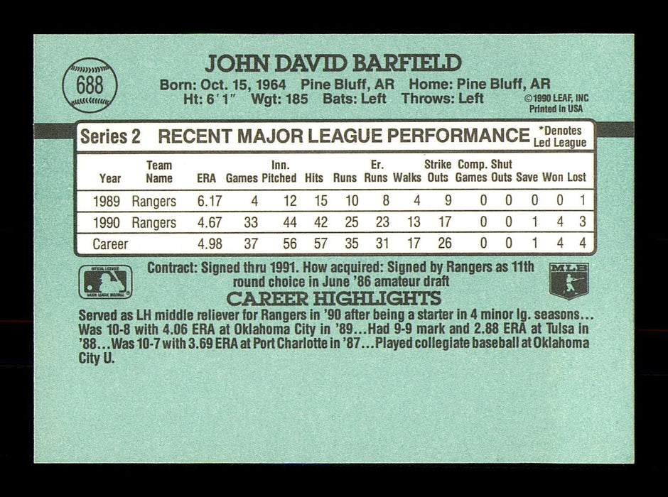 John Barfield Autographed 1991 Donruss Card #688 Texas Rangers SKU #184527 - RSA