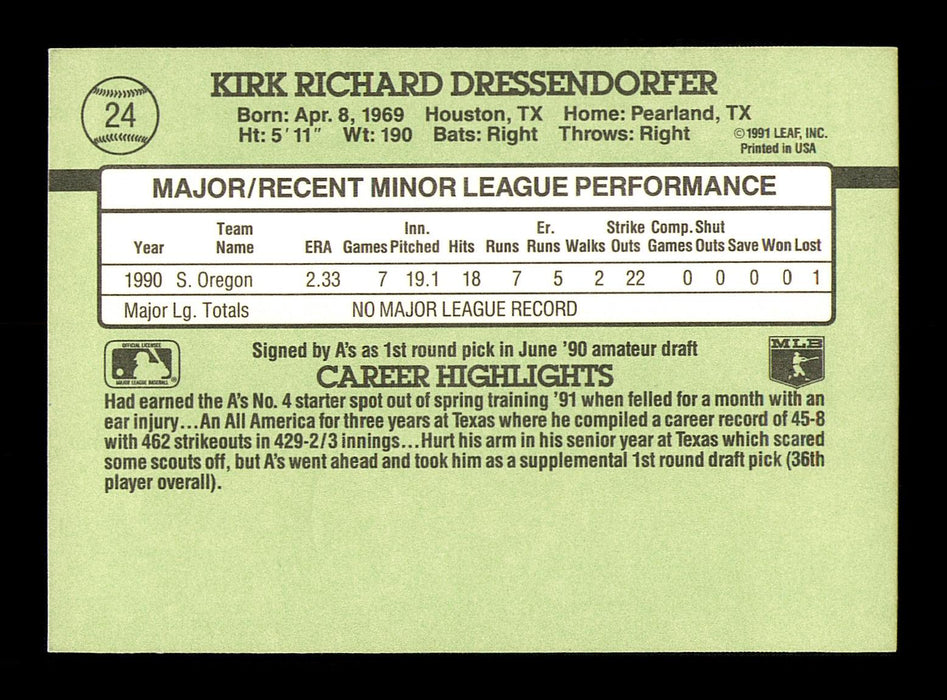 Kirk Dressendorfer Autographed 1991 Donruss The Rookies Rookie Card #24 Oakland A's SKU #184536 - RSA