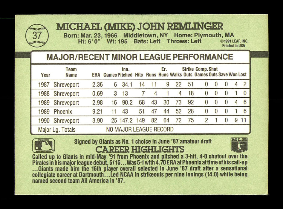 Mike Remlinger Autographed 1991 Donruss The Rookies Rookie Card #37 San Francisco Giants SKU #184539 - RSA