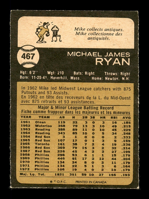 Mike Ryan Autographed 1973 O-Pee-Chee Card #467 Philadelphia Phillies SKU #169279 - RSA