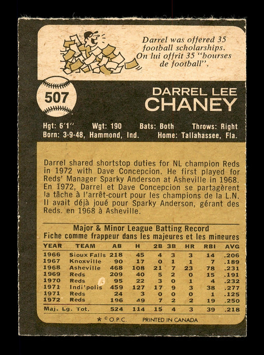 Darrel Chaney Autographed 1973 O-Pee-Chee Card #507 Cincinnati Reds SKU #169285 - RSA