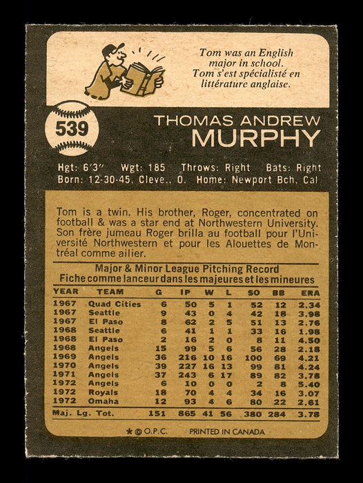 Tom Murphy Autographed 1973 O-Pee-Chee Card #539 Kansas City Royals SKU #169290 - RSA