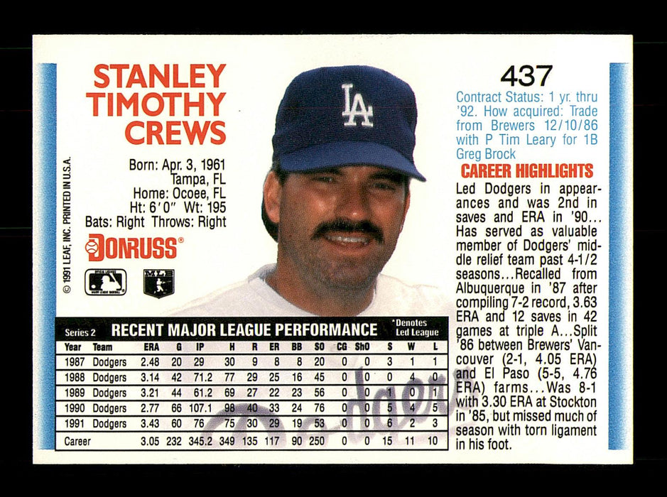 Tim Crews Autographed 1992 Donruss Card #437 Los Angeles Dodgers SKU #184556 - RSA