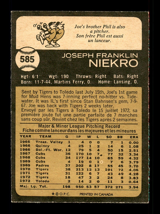 Joe Niekro Autographed 1973 O-Pee-Chee Card #585 Detroit Tigers SKU #169301 - RSA