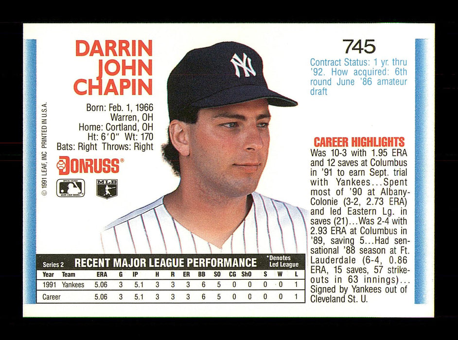 Darrin Chapin Autographed 1992 Donruss Rookie Card #745 New York Yankees SKU #184572 - RSA