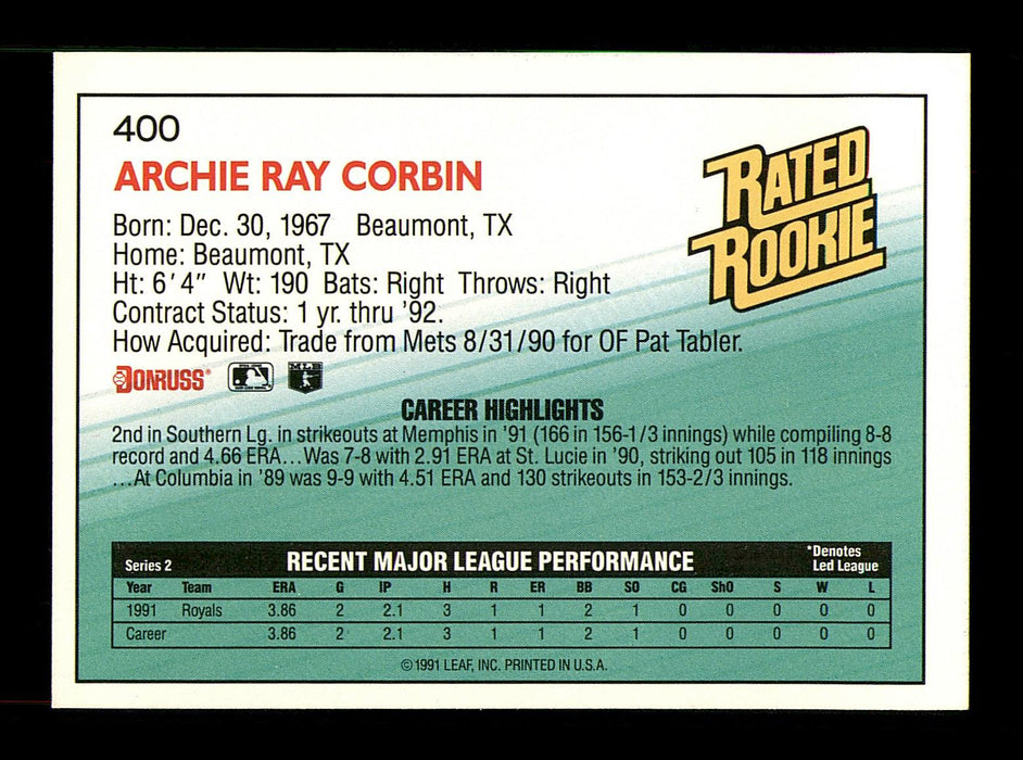 Archie Corbin Autographed 1992 Donruss Rookie Card #400 Kansas City Royals SKU #184584 - RSA