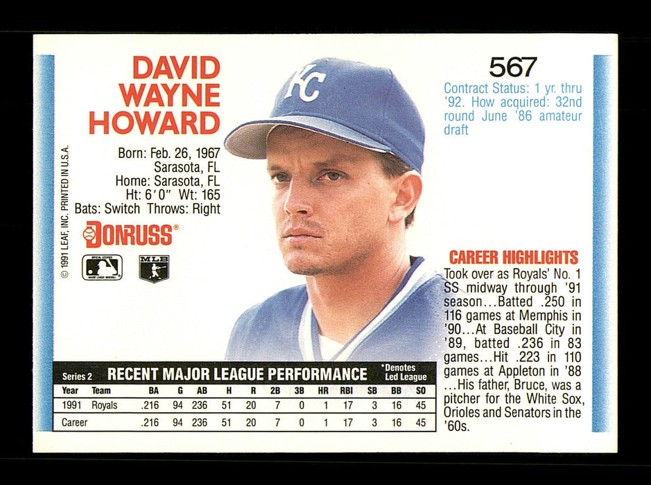 Dave Howard Autographed 1992 Donruss Card #567 Kansas City Royals SKU #184588 - RSA