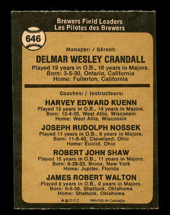 Del Crandall Autographed 1973 O-Pee-Chee Card #646 Milwaukee Brewers SKU #169326 - RSA