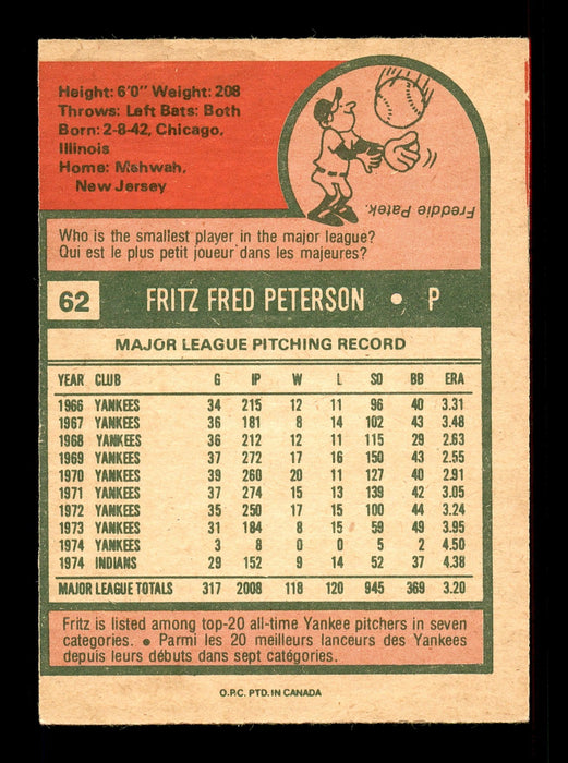 Fritz Peterson Autographed 1975 O-Pee-Chee Card #62 Cleveland Indians SKU #169372 - RSA