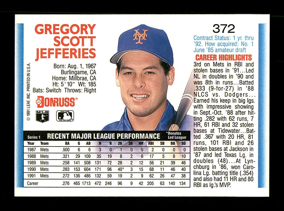 Gregg Jefferies Autographed 1992 Donruss Card #372 New York Mets SKU #184594 - RSA