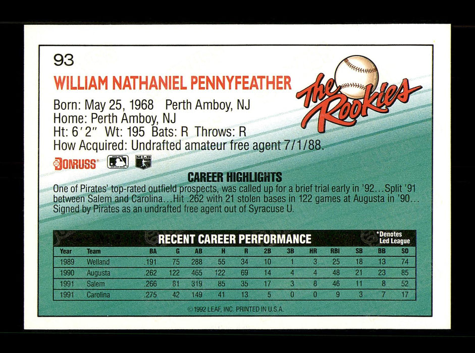 William Pennyfeather Autographed 1992 Donruss The Rookies Rookie Card #93 Pittsburgh Pirates SKU #184607 - RSA