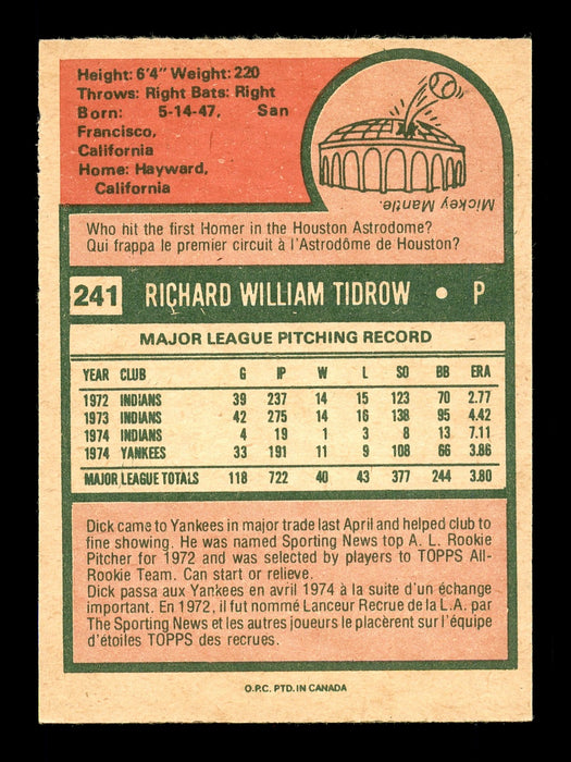 Dick Tidrow Autographed 1975 O-Pee-Chee Card #241 New York Yankees SKU #169388 - RSA