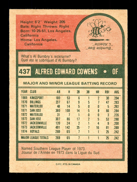 Al Cowens Autographed 1975 O-Pee-Chee Rookie Card #437 Kansas City Royals SKU #169400 - RSA