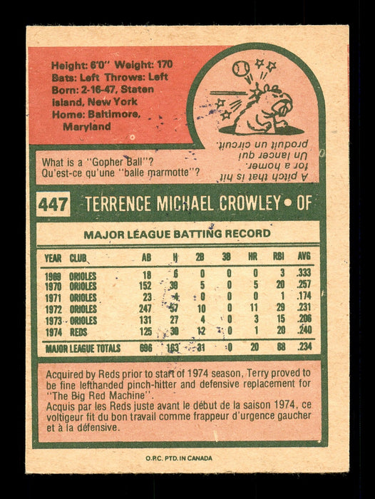 Terry Crowley Autographed 1975 O-Pee-Chee Card #447 Cincinnati Reds SKU #169402 - RSA