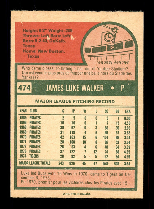 Luke Walker Autographed 1975 O-Pee-Chee Card #474 Detroit Tigers SKU #169404 - RSA