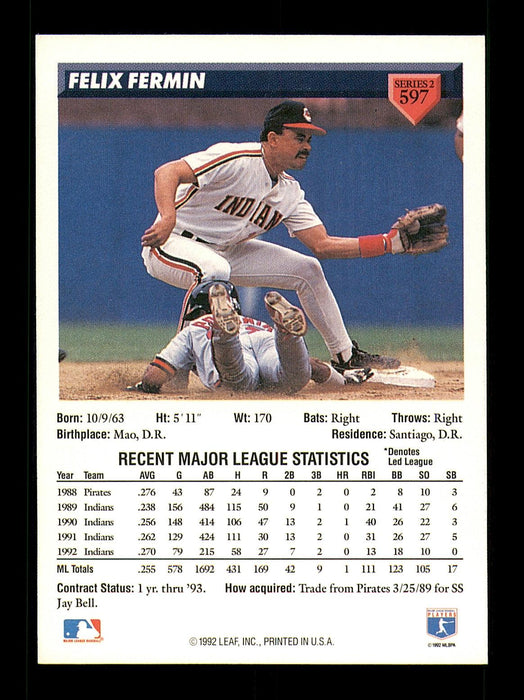Felix Fermin Autographed 1993 Donruss Card #597 Cleveland Indians SKU #184625 - RSA