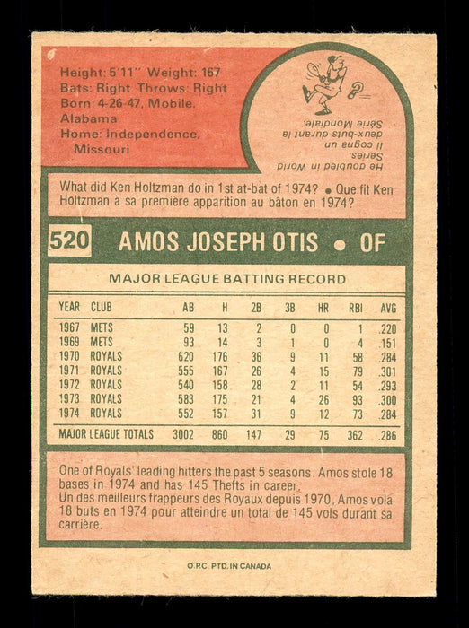Amos Otis Autographed 1975 O-Pee-Chee Card #520 Kansas City Royals SKU #169410 - RSA