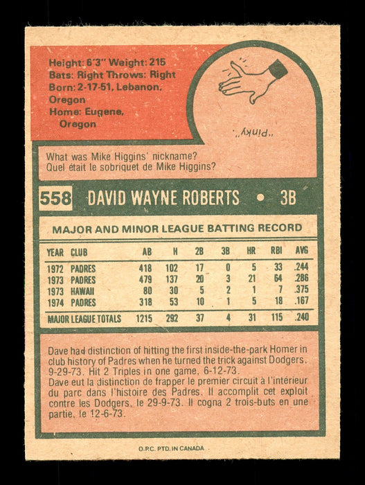 Dave Roberts Autographed 1975 O-Pee-Chee Card #558 San Diego Padres SKU #169413 - RSA