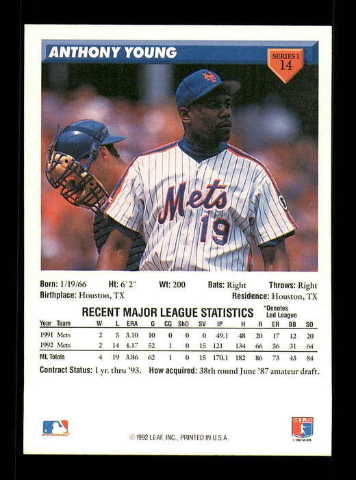 Anthony Young Autographed 1993 Donruss Card #14 New York Mets SKU #184634 - RSA
