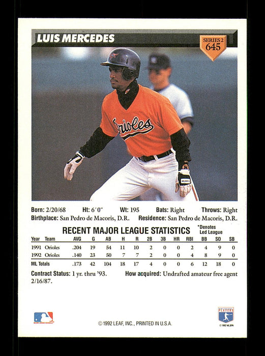 Luis Mercedes Autographed 1993 Donruss Card #645 Baltimore Orioles SKU #184638 - RSA