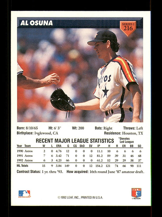 Al Osuna Autographed 1993 Donruss Card #216 Houston Astros SKU #184647 - RSA