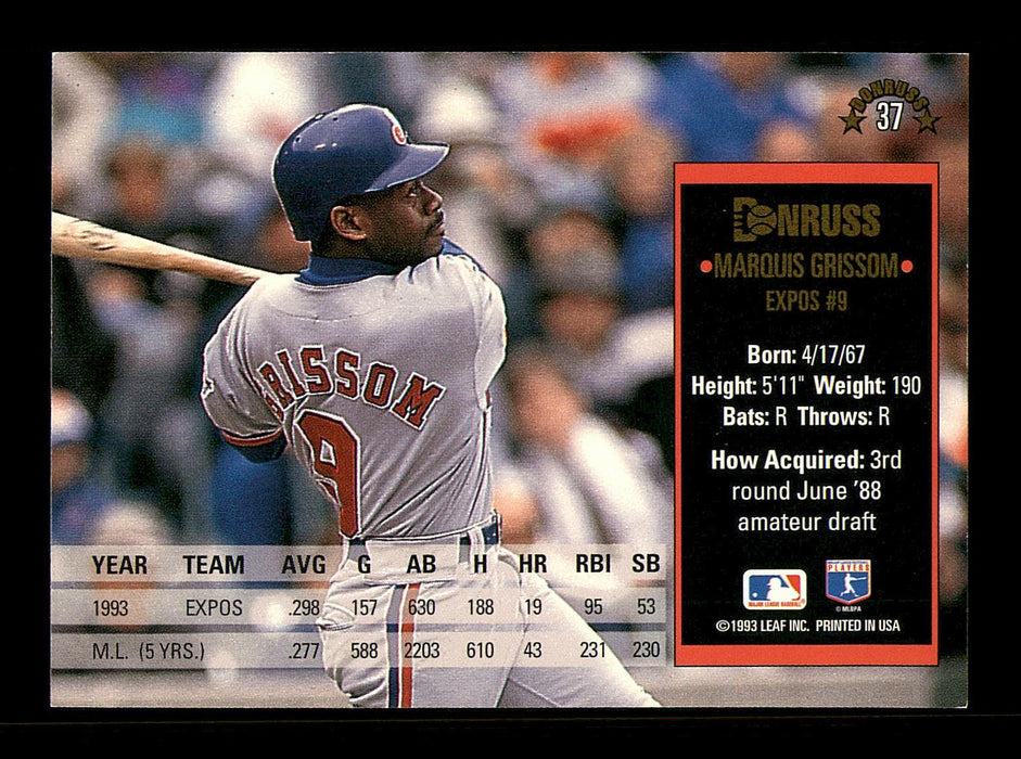 Marquis Grissom Autographed 1994 Donruss Card #37 Montreal Expos SKU #184655 - RSA