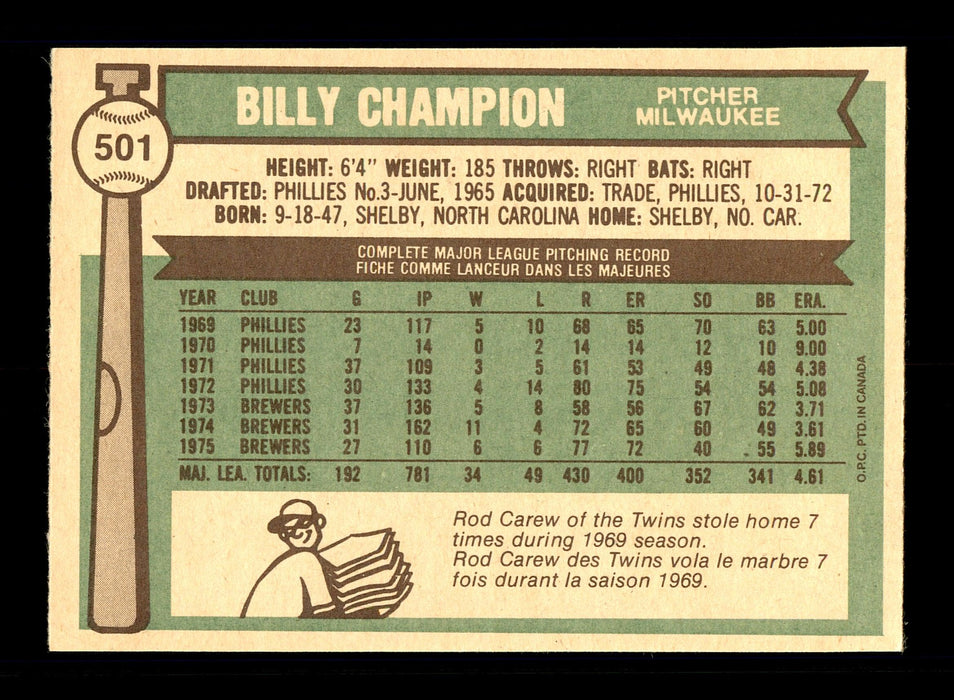 Billy Champion Autographed 1976 O-Pee-Chee Card #501 Milwaukee Brewers SKU #169464 - RSA