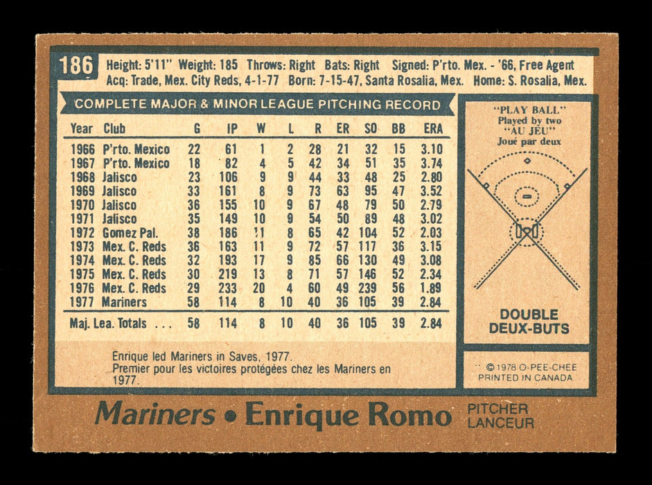 Enrique Romo Autographed 1978 O-Pee-Chee Rookie Card #186 Seattle Mariners SKU #169546 - RSA