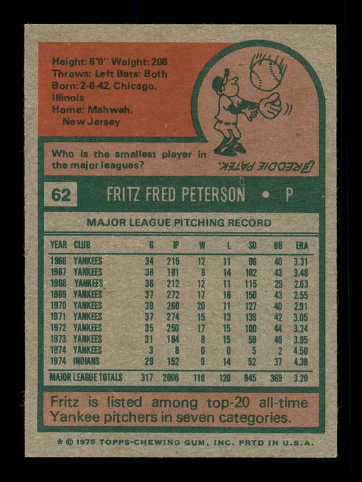Fritz Peterson Autographed 1975 Topps Card #62 Cleveland Indians SKU #168352 - RSA