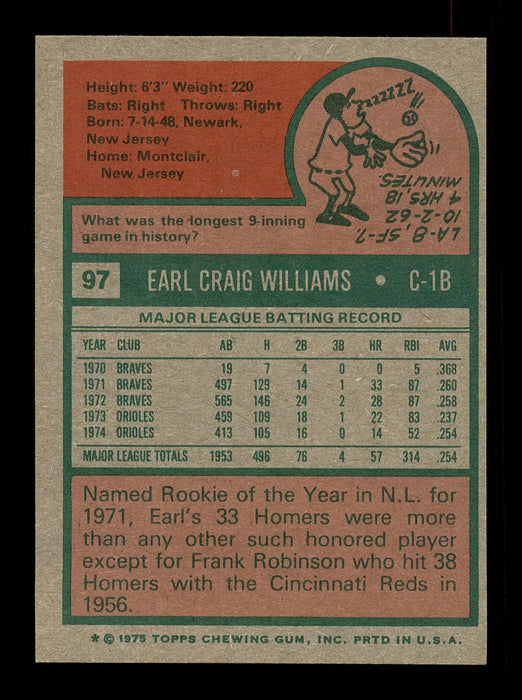Earl Williams Autographed 1975 Topps Card #97 Baltimore Orioles SKU #168364 - RSA