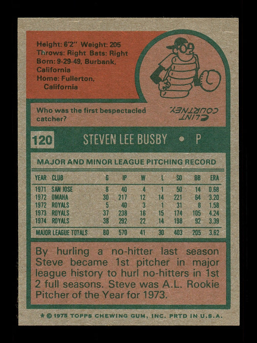Steve Busby Autographed 1975 Topps Card #120 Kansas City Royals SKU #168375 - RSA