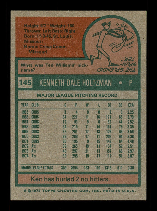 Ken Holtzman Autographed 1975 Topps Card #145 Oakland A's SKU #168380 - RSA
