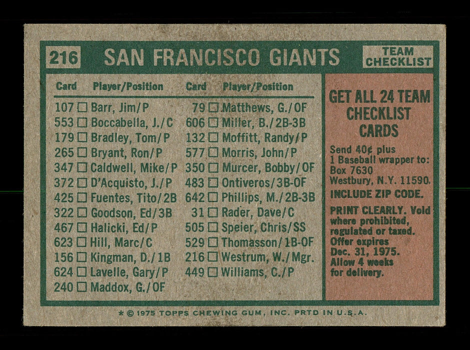 Charlie Williams Autographed 1975 Topps Team Card #216 San Francisco Giants SKU #168401 - RSA
