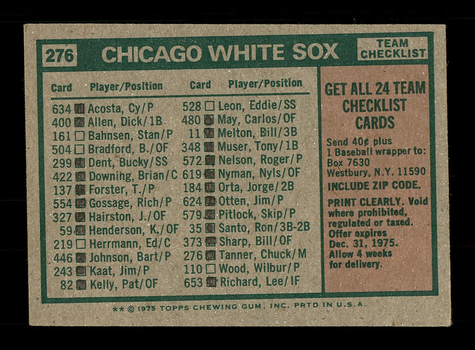 Chuck Tanner Autographed 1975 Topps Card #276 Chicago White Sox SKU #168422 - RSA
