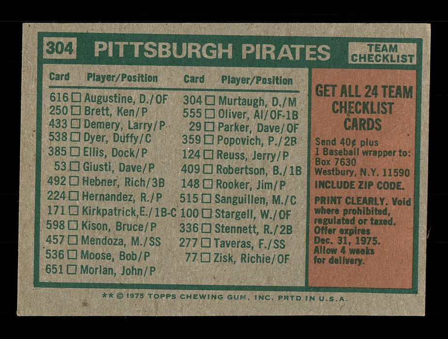 Bob Skinner Autographed 1975 Topps Team Card #304 Pittsburgh Pirates SKU #168435 - RSA