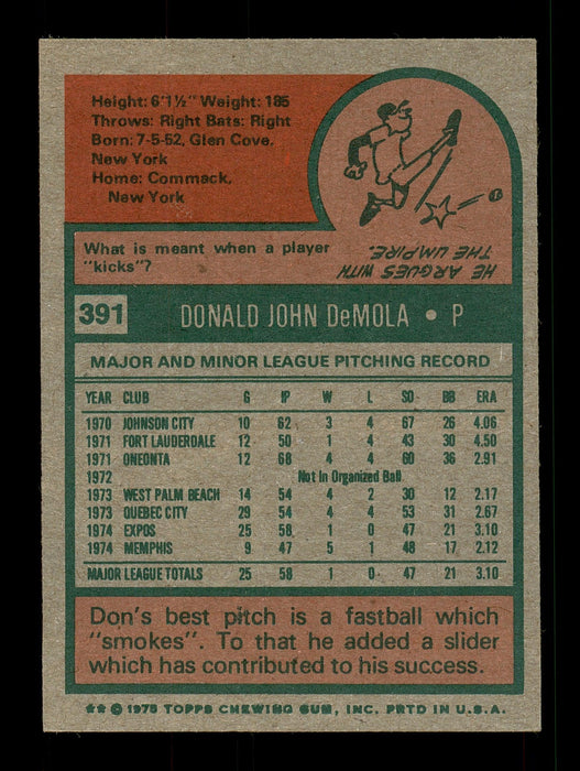 Don DeMola Autographed 1975 Topps Card #391 Montreal Expos SKU #168455 - RSA