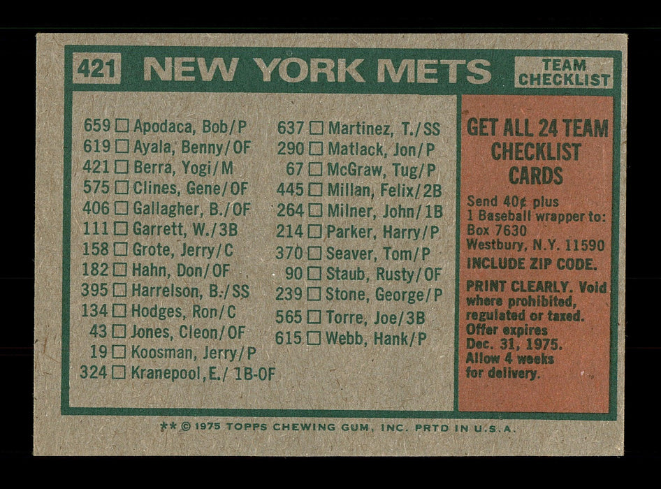 Roy McMillan Autographed 1975 Topps Team Card #421 New York Mets SKU #168460 - RSA