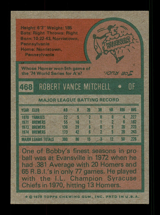 Bobby Mitchell Autographed 1975 Topps Card #468 Milwaukee Brewers SKU #168478 - RSA