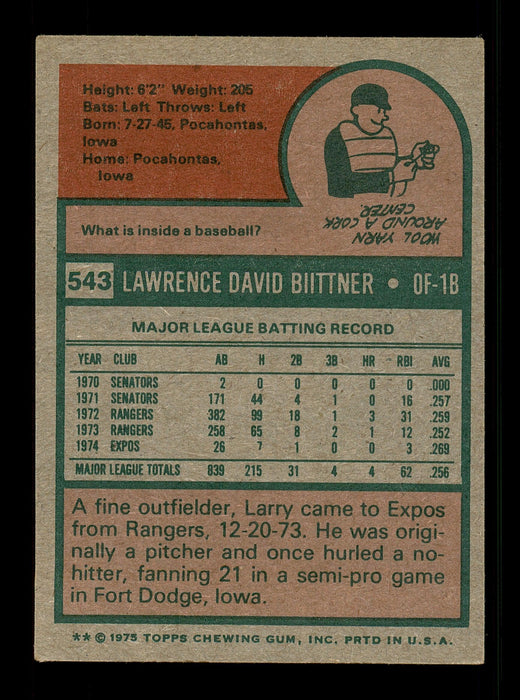 Larry Biittner Autographed 1975 Topps Card #543 Montreal Expos SKU #168497 - RSA